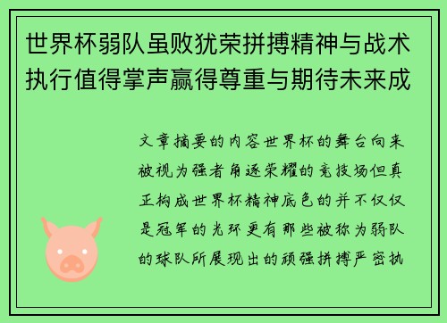 世界杯弱队虽败犹荣拼搏精神与战术执行值得掌声赢得尊重与期待未来成长
